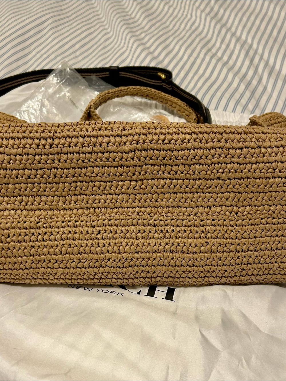Coach Tan Woven Straw Tote with Brown Leather Patch - Picture 5 of 10